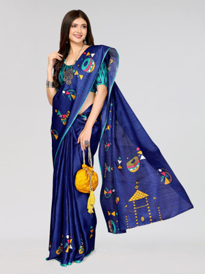 Nirvaan Printed Mysore Art Silk Saree(Blue)