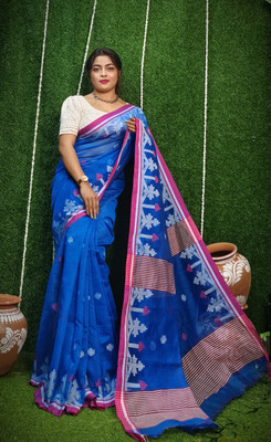 PRAVATI FASHION Embroidered, Self Design, Solid/Plain Handloom Cotton Silk, Chanderi Saree(Light Blue, Red)