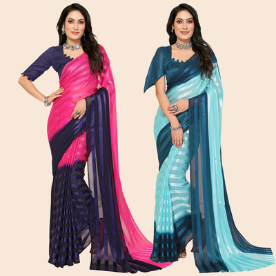 Anand Sarees Striped Bollywood Satin Saree(Pack of 2, Pink, Blue, Light Blue, Dark Blue)