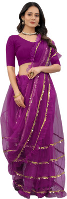 Yashakti Designer Solid/Plain Bollywood Net Saree(Purple)