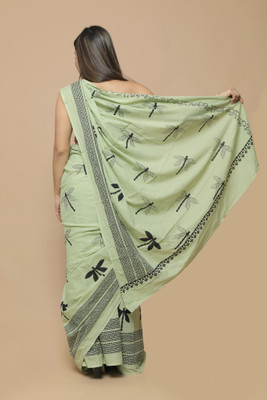 Sanganeri Print Blocked Printed, Color Block, Dyed, Floral Print, Printed Daily Wear Pure Cotton Saree(Green)
