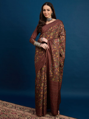 Sangria Printed Daily Wear Silk Blend Saree(Brown)