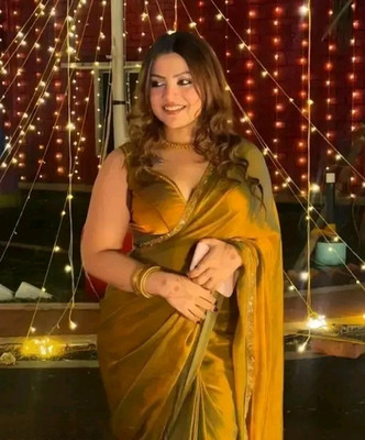 YUHNEBA Solid/Plain, Self Design Bollywood Chiffon Saree(Mustard)