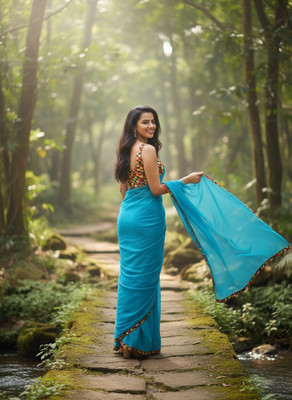 Sareez House Solid/Plain Bollywood Chiffon Saree(Light Blue)
