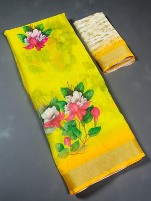parakhiya fab Floral Print, Printed Daily Wear Cotton Linen Saree(Yellow)