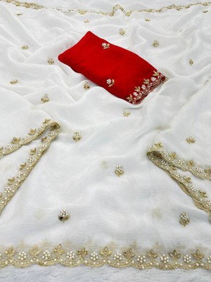 Sanjana Silks Embellished Bollywood Chiffon Saree(White)