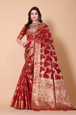 Wovenza Woven Bollywood Silk Blend Saree(Red)