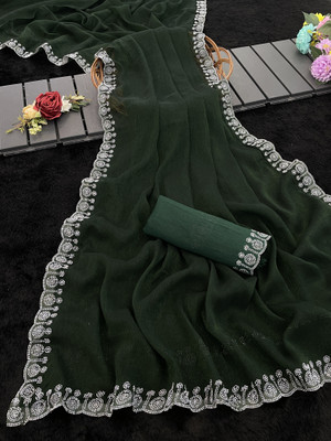 Adiyogi Enterprise Floral Print, Embellished Bollywood Silk Blend Saree(Dark Green)