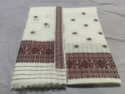 star silk weaving Woven Handloom Cotton Linen Saree(White)