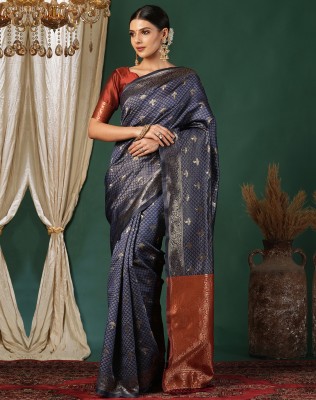 SIRIL Woven, Embellished Kanjivaram Silk Blend, Jacquard Saree(Red, Blue)