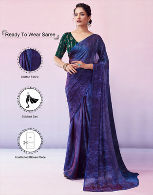 Samah Printed, Embroidered Bollywood Chiffon Saree(Blue, Purple)