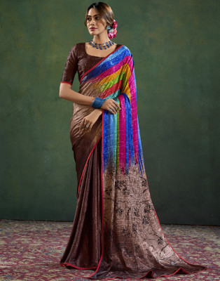 Samah Digital Print, Embellished, Woven, Striped Bollywood Crepe, Pure Silk Saree(Brown)