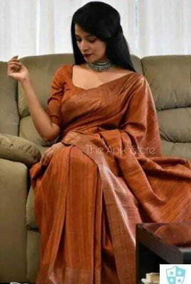 A R HANDLOOM Solid/Plain Handloom Silk Blend Saree(Brown)