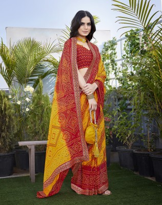 YASHIKA Printed Daily Wear Georgette, Lace Saree(Red, Yellow)