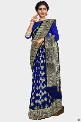 HouseOfCommon Printed Banarasi Jacquard Saree(Blue, Gold)