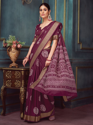Sareemall Printed Hand Batik Silk Blend Saree(Purple)