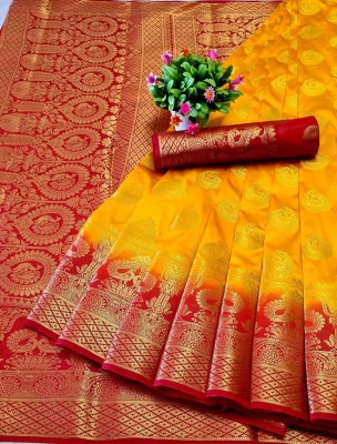 GrodLine Overseas Woven, Self Design Banarasi Jacquard Saree(Yellow, Red)