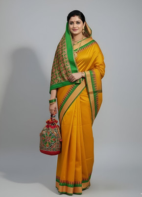 Sijileen Woven, Temple Border Sambalpuri Silk Blend Saree(Mustard)