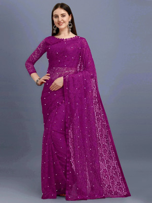 LOROFY Self Design Bollywood Net Saree(Purple)