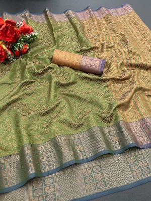 Fancy Fab Printed, Solid/Plain, Striped, Woven, Temple Border, Applique, Dyed, Ombre, Paisley, Self Design Pochampally Cotton Silk, Muslin Saree(Light Green)