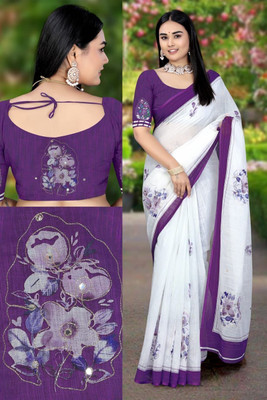 Myraani Floral Print Kantha Cotton Linen Saree(Purple, White)