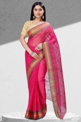 PuJoy Striped, Self Design Tant Pure Cotton Saree(Pink)