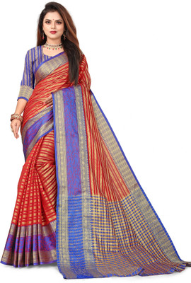 SHREE NATH CREATION Checkered, Printed Banarasi Cotton Silk, Silk Blend Saree(Red)
