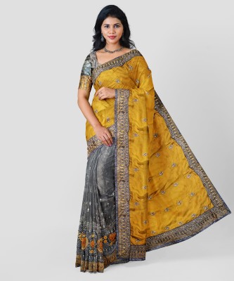 lkl Dyed, Embellished Bollywood Crepe, Silk Blend Saree(Yellow, Grey)