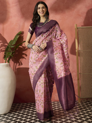 Sangria Woven Saree with Attached Blouse Cotton Blend Saree(Magenta)