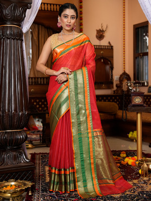 KARAGIRI Solid/Plain Kota Doria Cotton Blend Saree(Red)