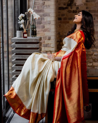 hitesh pahuja Woven, Self Design Kanjivaram Cotton Silk Saree(Cream, Red)