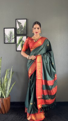 KV Fashion Woven Kanjivaram Cotton Silk Saree(Green, Red)