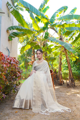 KOTHARI SBT Solid/Plain Bandhani Organza Saree(White)