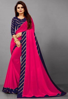 Rashiklal & Co. Solid/Plain Bollywood Georgette Saree(Dark Blue, Pink)