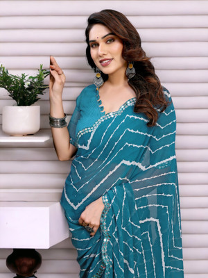 AMBUJAINTERNATIONAL Printed Bollywood Georgette Saree(Light Blue, White)