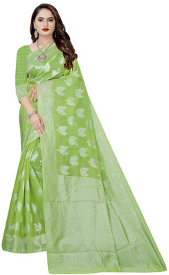 Suali Self Design Banarasi Cotton Blend Saree(Light Green)