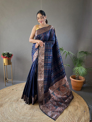 SGF11 Self Design Handloom Pure Silk Saree(Dark Blue)