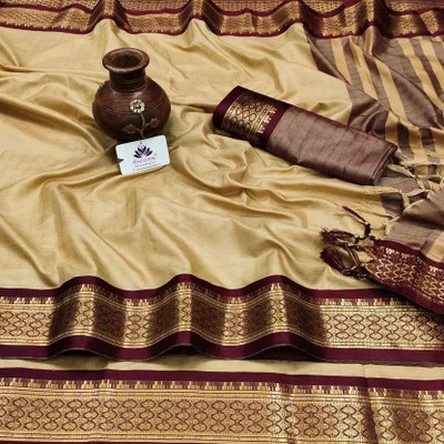 JbWorld Checkered, Woven, Embroidered Gadwal Cotton Silk, Pure Silk Saree(Cream, Maroon)