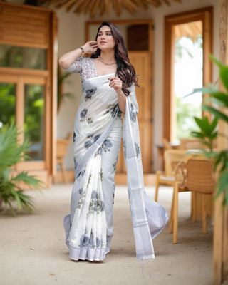 Myraani Printed Daily Wear Cotton Linen, Art Silk Saree(White, Grey)