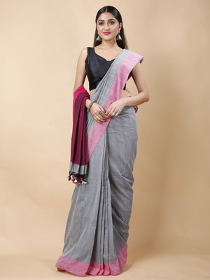SRILOK Color Block Handloom Pure Cotton Saree(Grey)