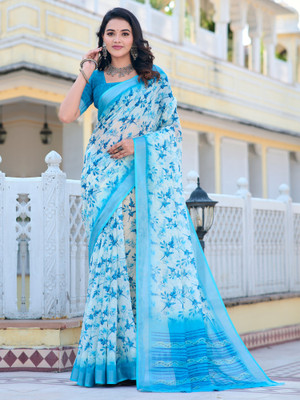 Sareemall Digital Print Chinnalapattu Cotton Linen Saree(Beige)