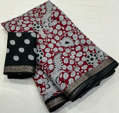 Ambaji enterprise Floral Print, Woven Bollywood Cotton Blend Saree(Maroon)