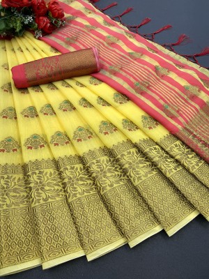 Shopya Woven Banarasi Pure Silk, Cotton Silk Saree(Yellow)