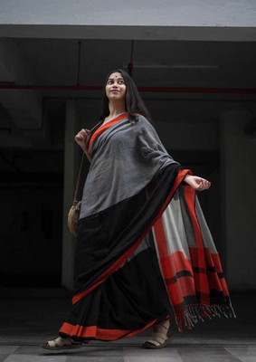 TWRIL Solid/Plain Handloom Cotton Blend Saree(Multicolor)