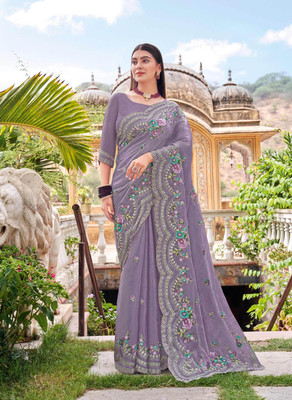 Laxmipati sarees Embroidered Saree with Attached Blouse Chiffon Saree(Purple)