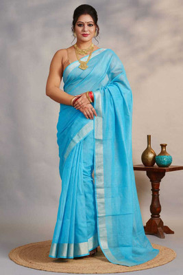 Sijileen Woven Daily Wear Cotton Blend Saree(Light Blue)