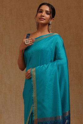 soch Solid/Plain Saree with Attached Blouse Silk Blend Saree(Blue)