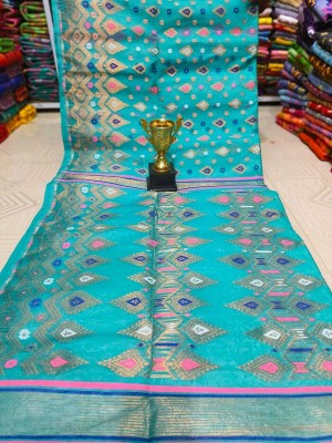 Damudar sarees Woven Jamdani Cotton Blend Saree(Light Blue)