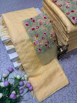 Pfancy silk Striped, Embroidered, Floral Print Kanjivaram Polyester Saree(Yellow)