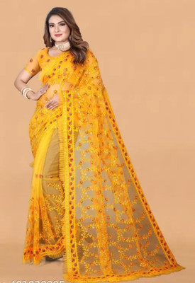 GALANI ENTERPRISE Embroidered Bollywood Net Saree(Yellow)